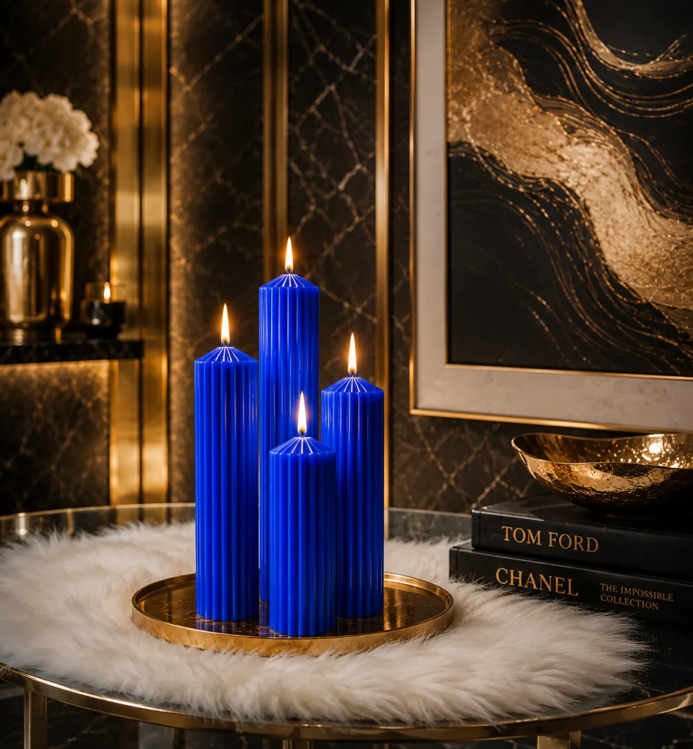 Premium Ribbed Tall Pillar Candle for Home Décor BLUE