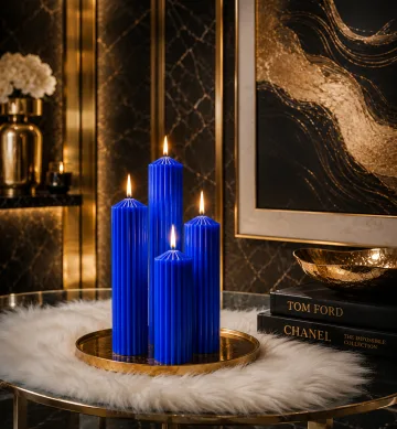 Premium Ribbed Tall Pillar Candle for Home Décor BLUE