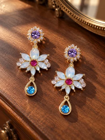 Beautiful Korean Crystal Shiny Glossy Flower Drop Earrings Multicolour