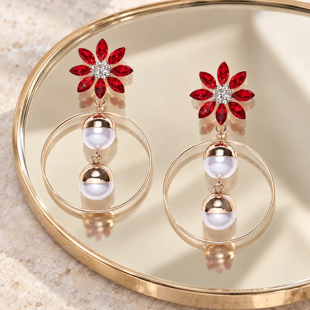 Beautiful Floral Pattern Hoop Earrings with White Pearl Hangings Red
