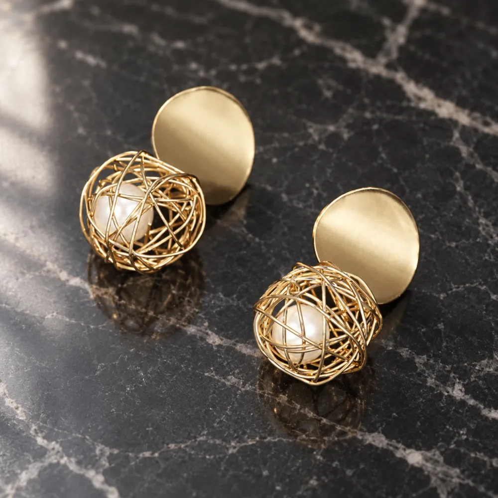 Beautiful Golden Brass and Pearl net ball Drop Earring For Girls