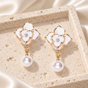 Scintillating Korean Floral Earring with Pearl Hanging for Girls White