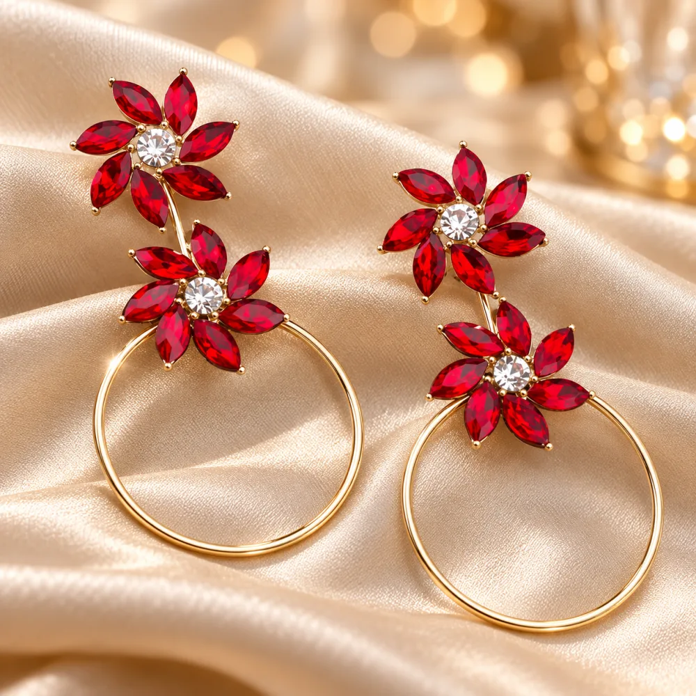 Red Floral Crystal Drop Hoop Earrings for Women & Girls