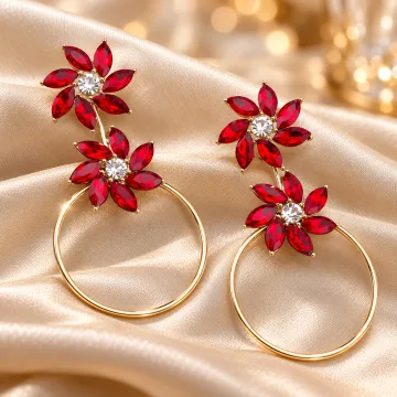 Red Floral Crystal Drop Hoop Earrings for Women & Girls