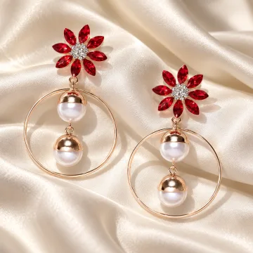 Red Floral Crystal Pearl Drop Hoop Earrings for Women & Girls