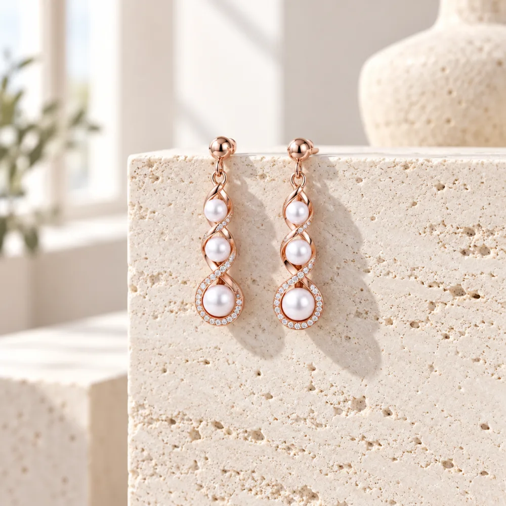 Beautiful Pompous Design Pearls Stud Exclusive Earrings Rose Gold