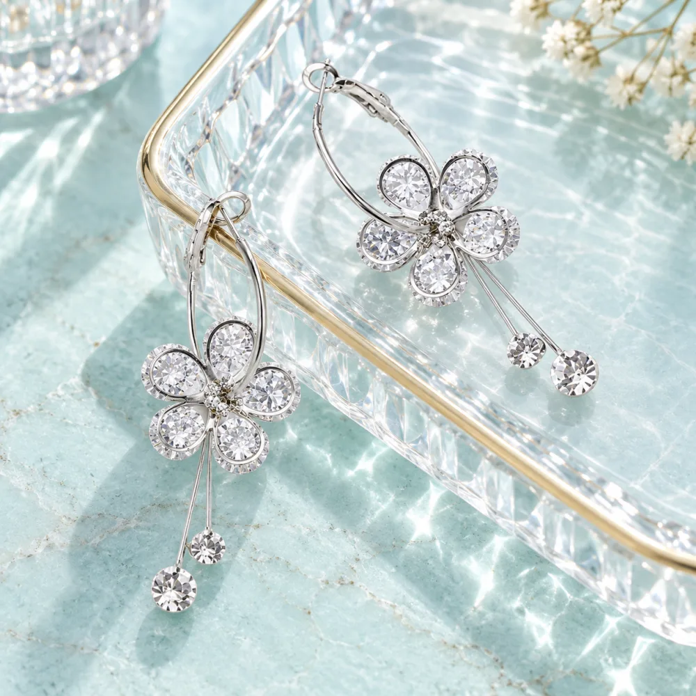 Shining Crystal Korean Sparkling Flower Hoop Earrings for Girls White