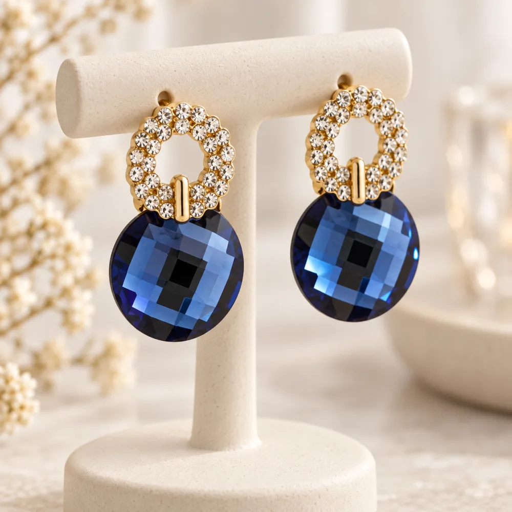 Gold-Tone Crystal Halo Navy Blue Drop Earrings for Women & Girls