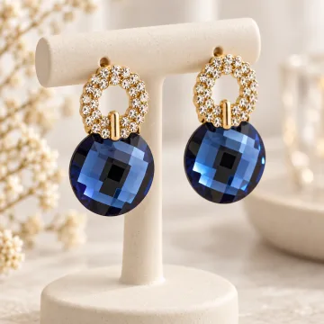 Gold-Tone Crystal Halo Navy Blue Drop Earrings for Women & Girls