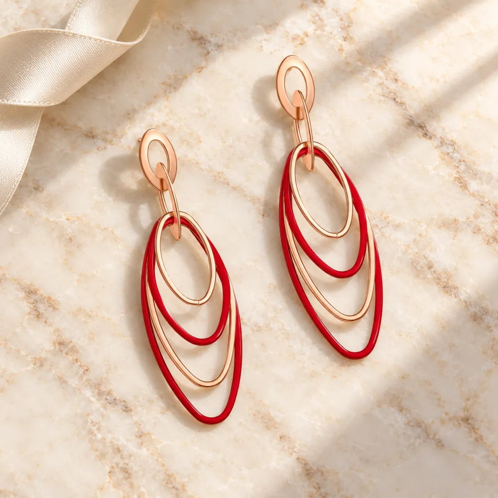 Shiny Korean Gold and Red Oval Hoops Hanging Earrings Red Golden