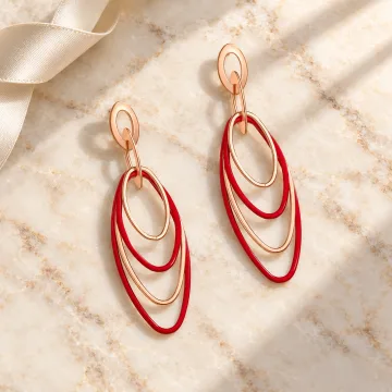 Shiny Korean Gold and Red Oval Hoops Hanging Earrings Red Golden