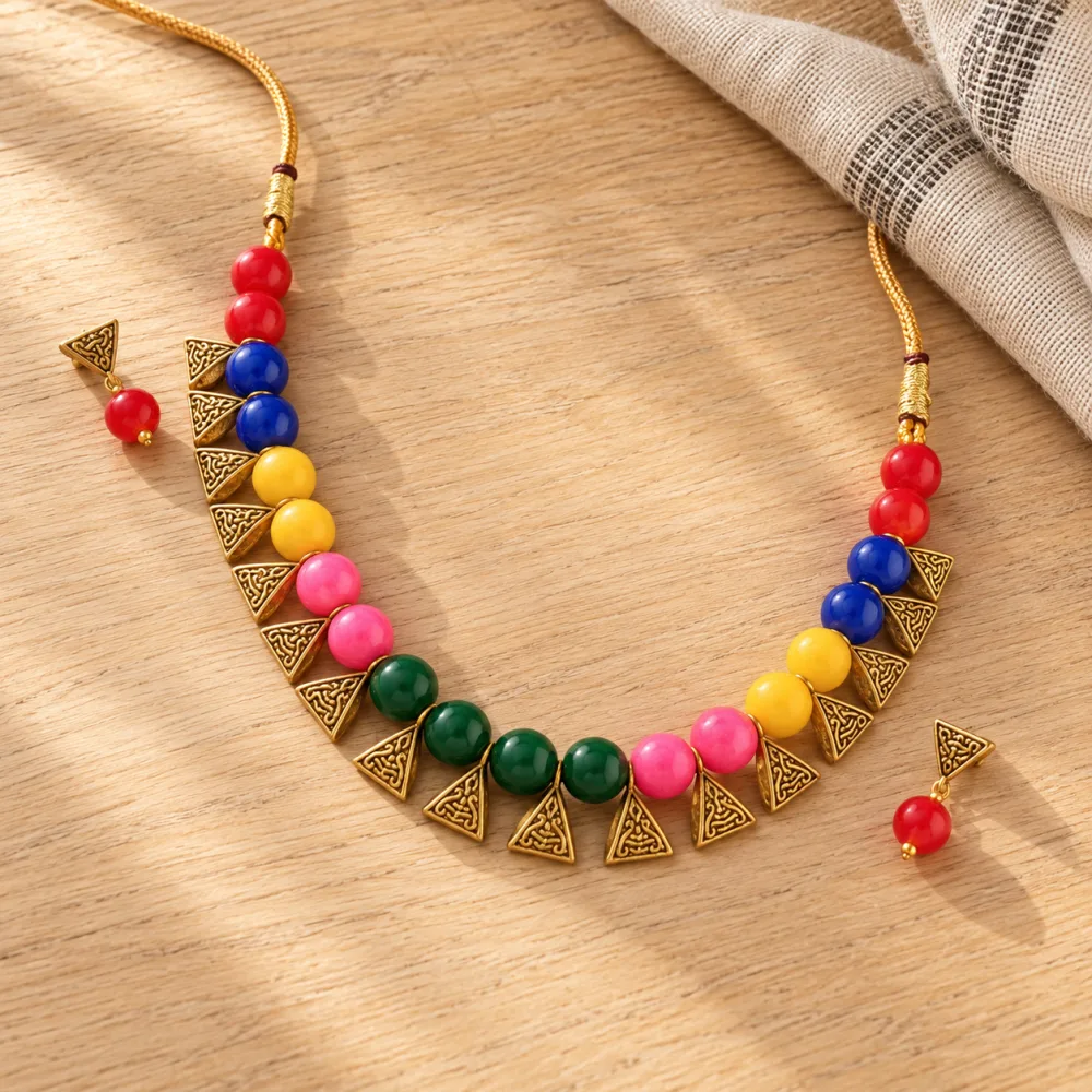 Beautiful Beaded Exclusive Brass Necklace Set for Women Multicolor
