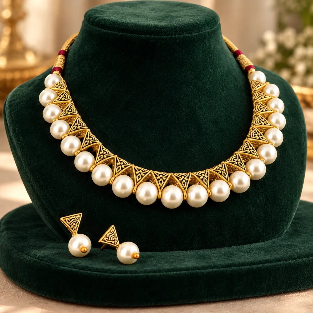 Beautiful Beaded Brass Artificial Necklace set White