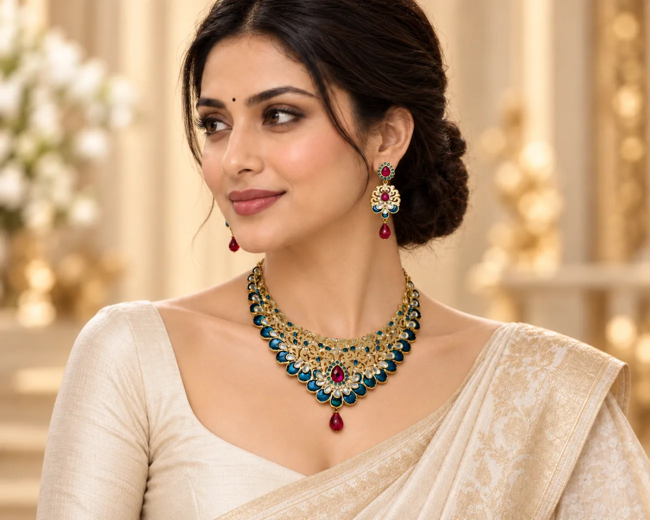 Derben Clove Gold-Toned Teal Blue & Pink Stone Necklace and Earring Set for Women
