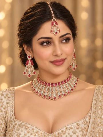 Rose Gold Tone Bridal Necklace Set with Earrings & Maang Tikka