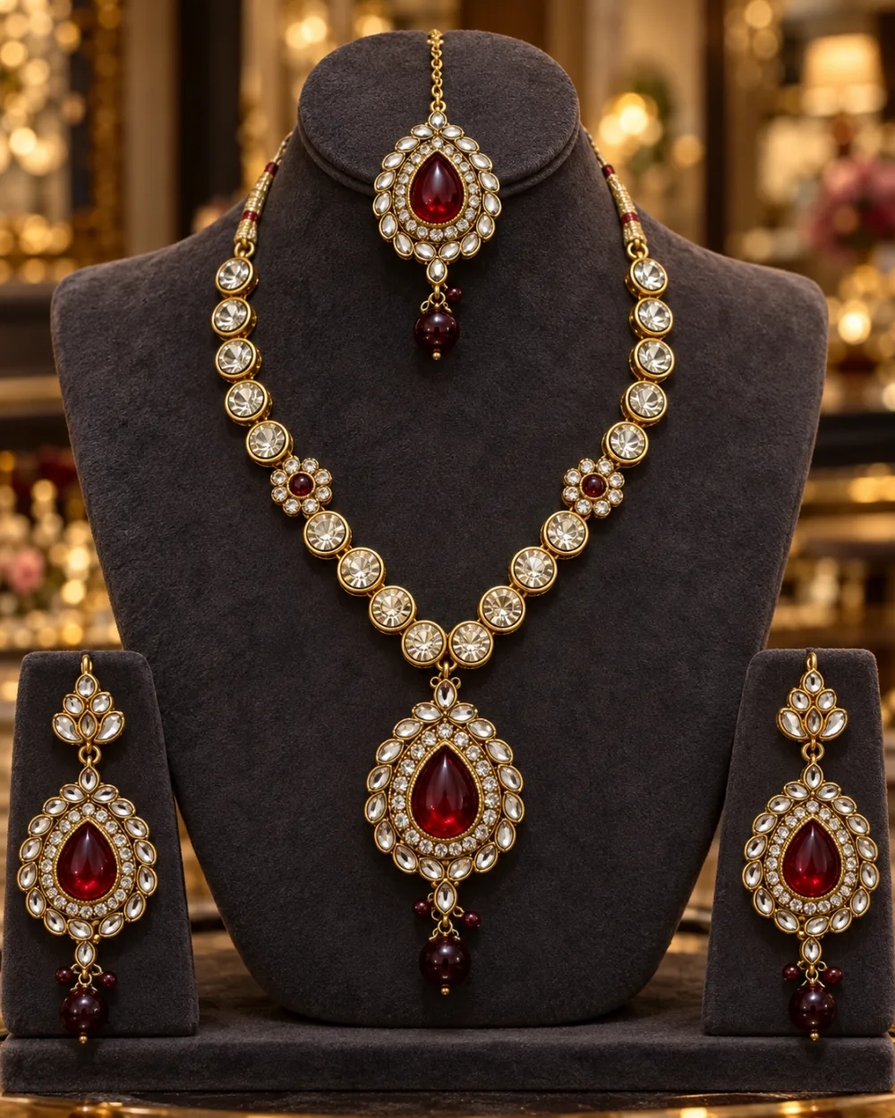 Gold-Tone Ruby Red Kundan Bridal Necklace Set with Maang Tikka for Women