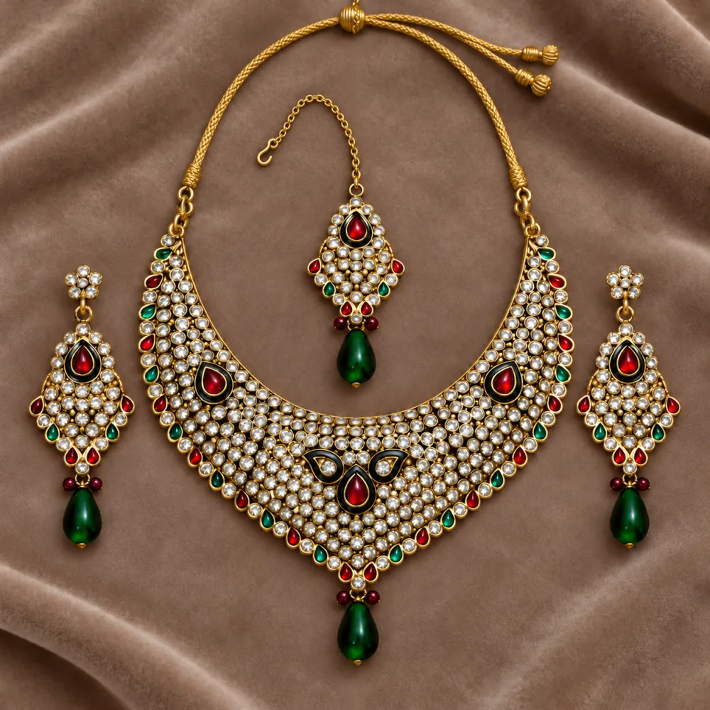 Red Green Stone Necklace Set with Earrings & Maang Tikka