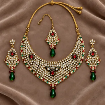 Red Green Stone Necklace Set with Earrings & Maang Tikka