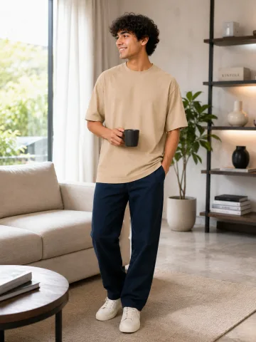 Plain Oversized T Shirt for Men Baggy Cotton Gym Tee Loose Fit - BEIGE