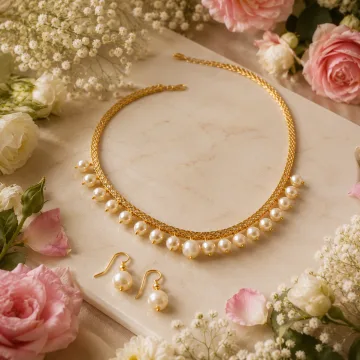 American Diamond Filled Chain and Pearls Necklace Set White