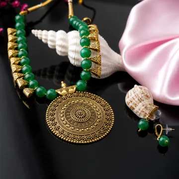 Brass and Beads Contemporary Traditional Necklace set Green