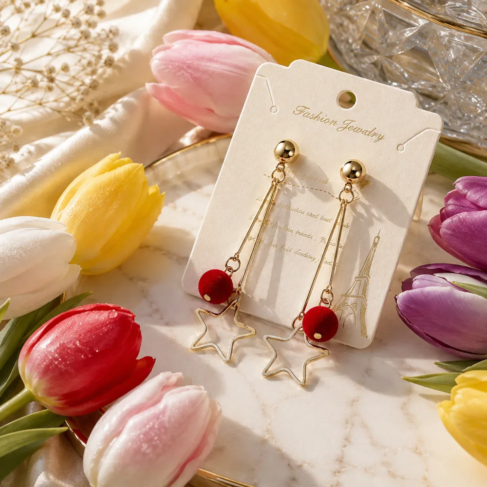 Exclusive Star Tassel and Red Ball Hanging Earring Golden Red For Girl