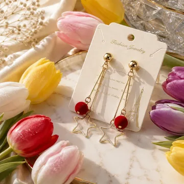 Exclusive Star Tassel and Red Ball Hanging Earring Golden Red For Girl