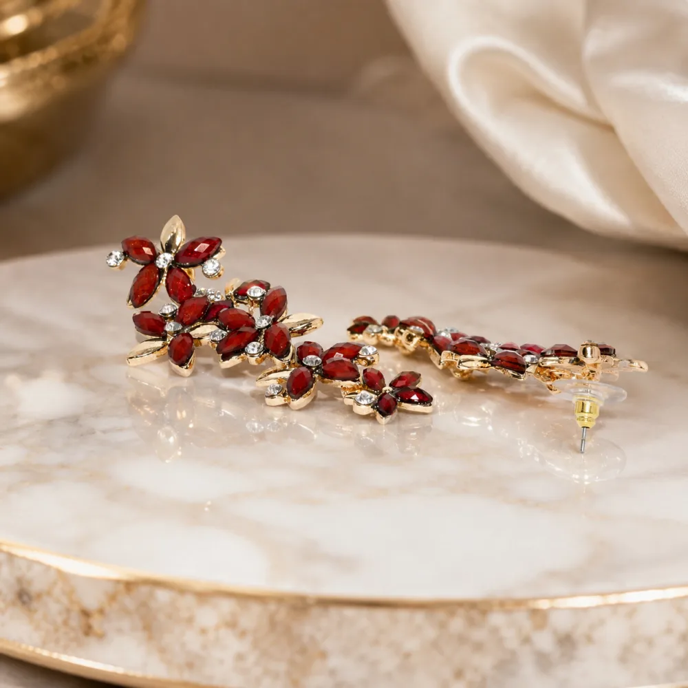 Beautiful Italian Long Red Golden Crystal Stone Zircons Flower Earring