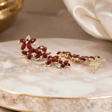 Beautiful Italian Long Red Golden Crystal Stone Zircons Flower Earring