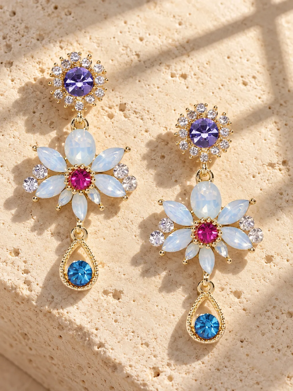 Beautiful Korean Crystal Shiny Glossy Flower Drop Earrings Multicolour