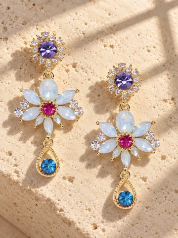 Beautiful Korean Crystal Shiny Glossy Flower Drop Earrings Multicolour