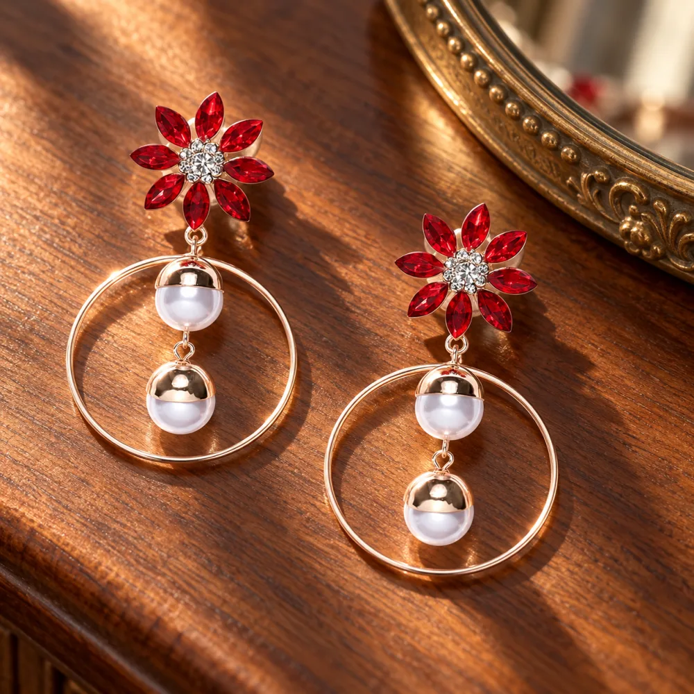 Beautiful Floral Pattern Hoop Earrings with White Pearl Hangings Red