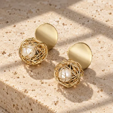 Beautiful Golden Brass and Pearl net ball Drop Earring For Girls