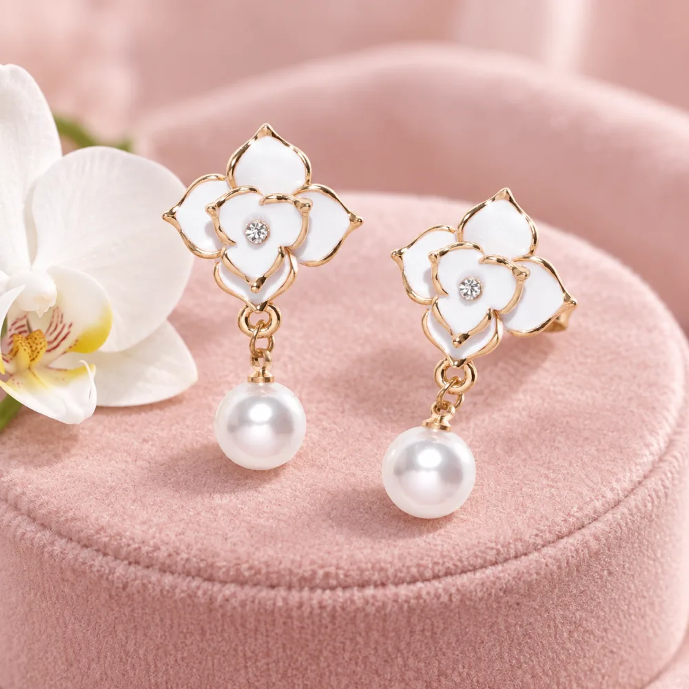 Scintillating Korean Floral Earring with Pearl Hanging for Girls White