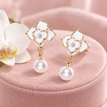 Scintillating Korean Floral Earring with Pearl Hanging for Girls White
