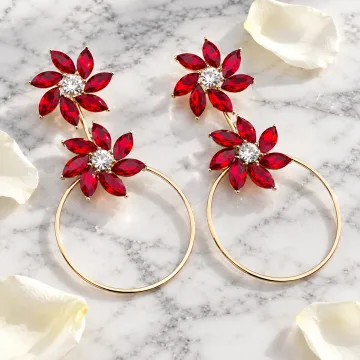Red Floral Crystal Drop Hoop Earrings for Women & Girls