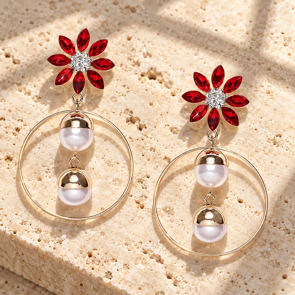 Red Floral Crystal Pearl Drop Hoop Earrings for Women & Girls