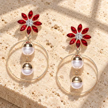 Red Floral Crystal Pearl Drop Hoop Earrings for Women & Girls