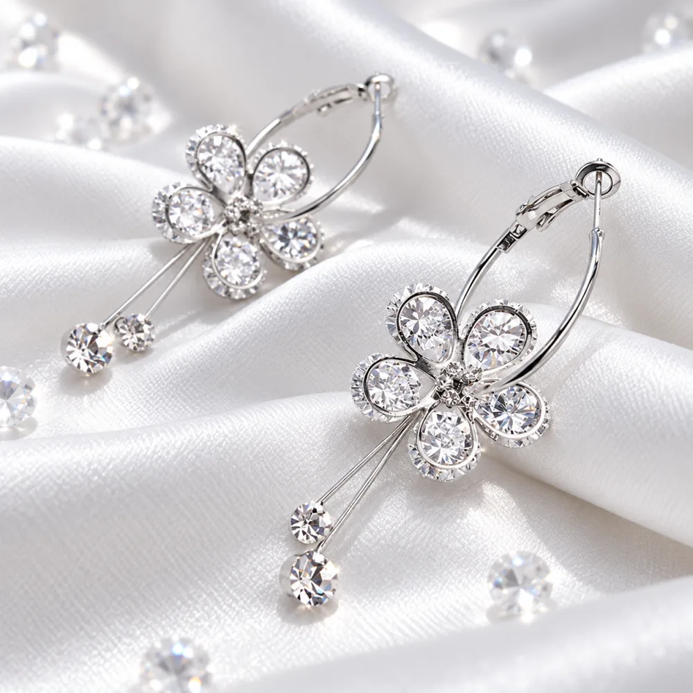 Shining Crystal Korean Sparkling Flower Hoop Earrings for Girls White