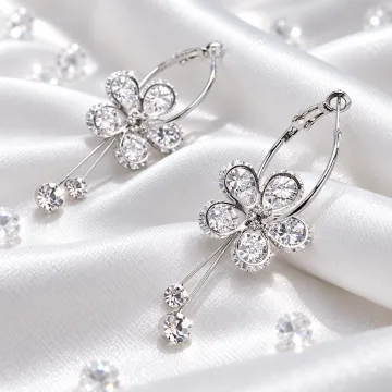 Shining Crystal Korean Sparkling Flower Hoop Earrings for Girls White