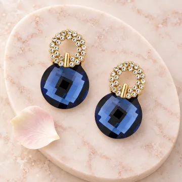 Gold-Tone Crystal Halo Navy Blue Drop Earrings for Women & Girls