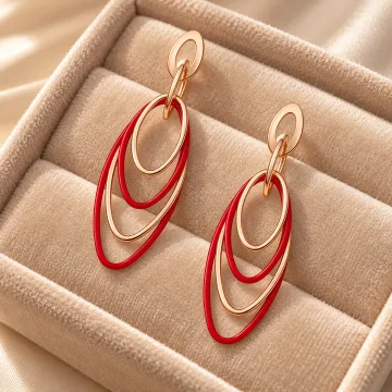 Shiny Korean Gold and Red Oval Hoops Hanging Earrings Red Golden