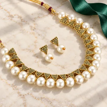 Beautiful Beaded Brass Artificial Necklace set White