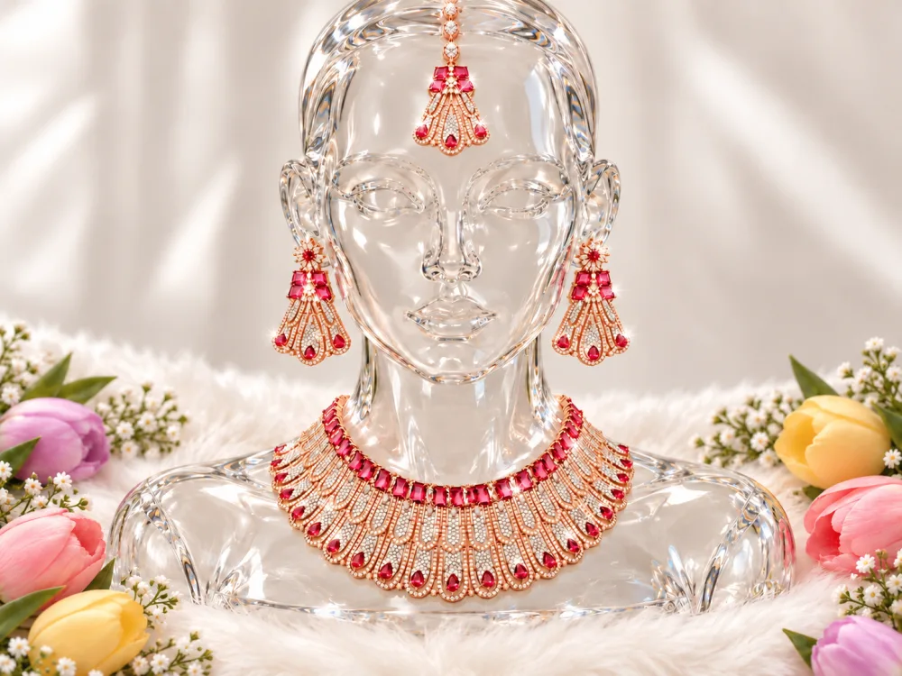 Rose Gold Tone Bridal Necklace Set with Earrings & Maang Tikka