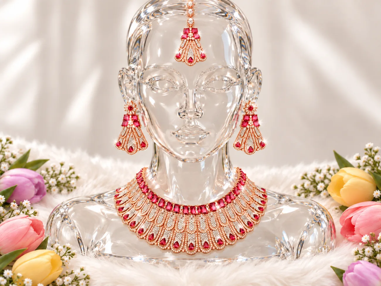 Rose Gold Tone Bridal Necklace Set with Earrings & Maang Tikka