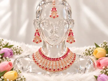 Rose Gold Tone Bridal Necklace Set with Earrings & Maang Tikka