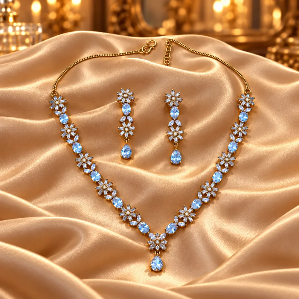 Derben Clove Rose Gold Blue Floral Necklace & Earrings Set