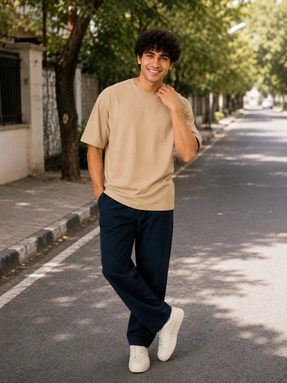Plain Oversized T Shirt for Men Baggy Cotton Gym Tee Loose Fit - BEIGE