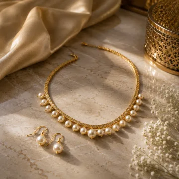 American Diamond Filled Chain and Pearls Necklace Set White