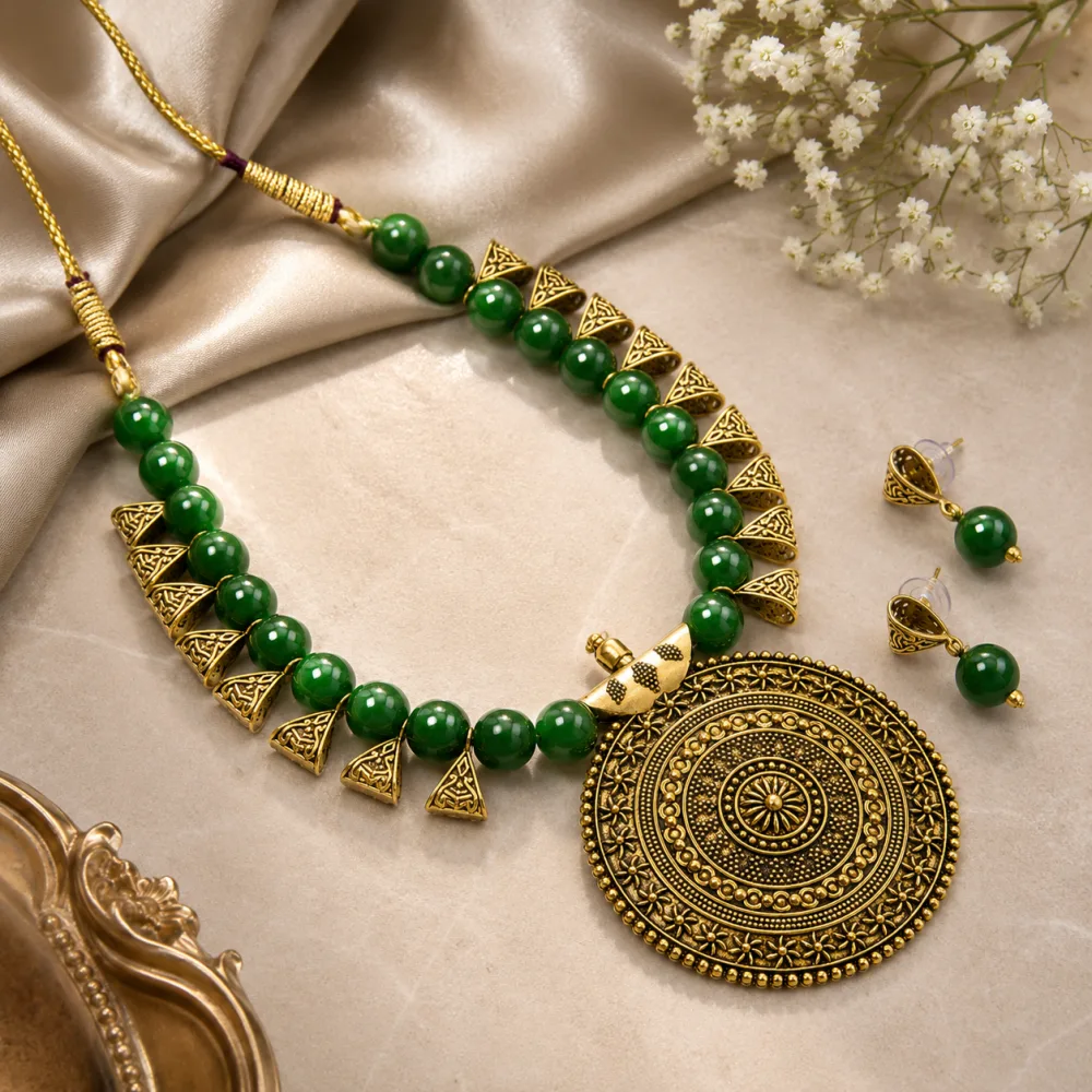 Brass and Beads Contemporary Traditional Necklace set Green